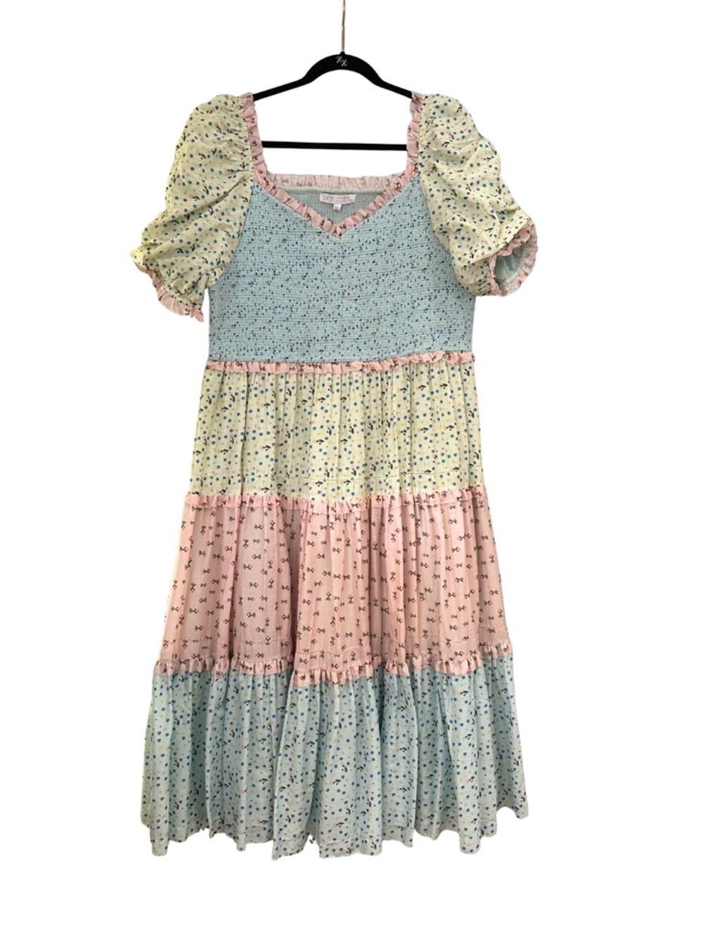 Ivy City Co Pastel Tiered Floral Dress - Blue, Pink & Cream